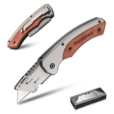 Image de WORKPRO Cutter Utilitaire Pliant avec Manche en Bois, Professionnel Mécanisme de Changement Rapide Lame, Universel 10 Lames SK5 Supplémentaires
