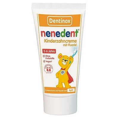 Image de Nenedent Dentifrice pour enfants Triple protection contre les caries Durcit l&#039;émail des dents de lait 1 000 ppm 13% xylitt Vegan et sans colorants x 50 ml