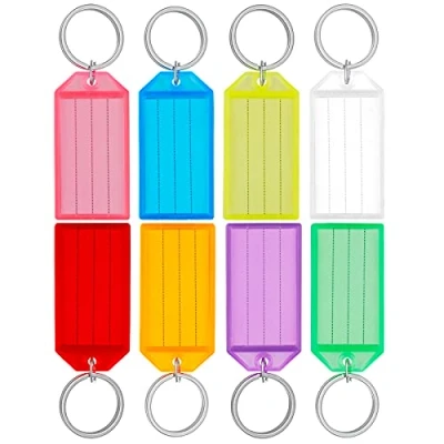 Image de Uniclife 20 Pièces Porte Clés Clef en Plastique de 5 cm avec Étiquettes Papier Vierge Lignées Couvercles Transparents et Anneaux Fendus Identificateurs d&#039;articles Robustes, 8 couleurs