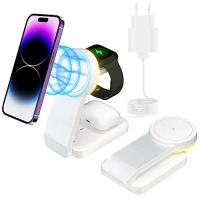 Image de Mag Safe Station de Charge sans Fil, Pliable 3 en 1, Support Compatible avec Les téléphones Pro Max 14/13/12/11, pour Apple Watch 8/7/SE/6/5/4/3/2 AirPods (Blanc)