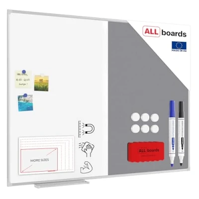 Image de ALLboards Tableau Combi 2 en 1 Blanc &amp; Feutre Gris avec Cadre Aluminium 120x90cm, Magnétique et à Épingles
