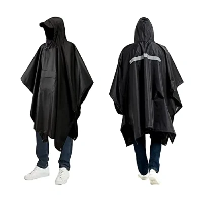 Image de LEDWARNING Cape de Pluie 3 en 1 Poncho Noir Multifonctionnel Protection Contre la (imperméable) Tapis Sol Tente d’appoint