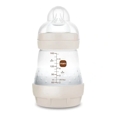 Image de MAM Biberon Anti coliques, nouveau né, 0 2 mois, 160 ml, avec tétine 1 flux lent en silicone, facile à accepter, auto stérilisable et nettoyer, Easy Start Colic, neutre mat, lot de