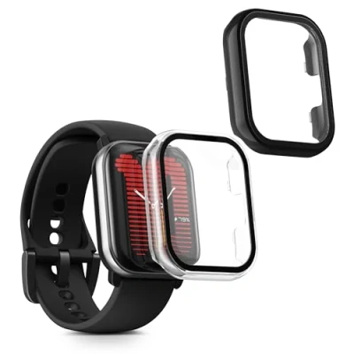 Image de kwmobile Coque Compatible avec Amazfit Active (A2211) 2X Étui Cadre écran en Verre trempé pour Fitness Tracker Transparent Noir