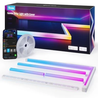 Image de Govee RGBIC Bande LED 5M avec couvercles, lumières intelligentes fonctionnent Alexa et Google Assistant, canal diffuseur pour chambre à coucher, lignes de plinthes