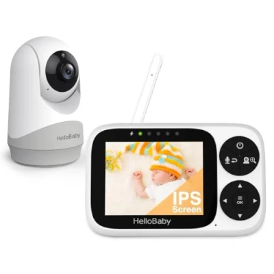 Image de HelloBaby Babyphone Camera avec caméra pour bébé, écran IPS 3,2&quot;, sans WiFi, Vision Nocturne, panoramique, Inclinaison et Zoom Alarme de Berceuse, portée 300 m, Bebe Surveillance