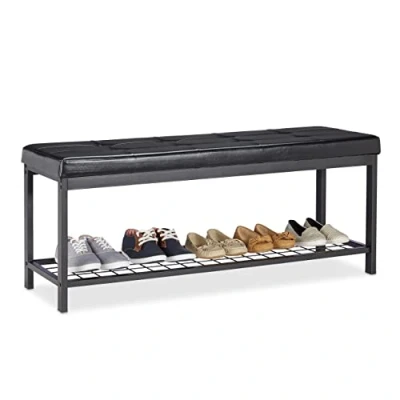 Image de Relaxdays 10023311_46 Banc Range chaussures XXL Ouvert Coussin moelleux Similicuir Support Grillage Métal 49x115x40cm Noir, HLP 49 x 115 40 cm