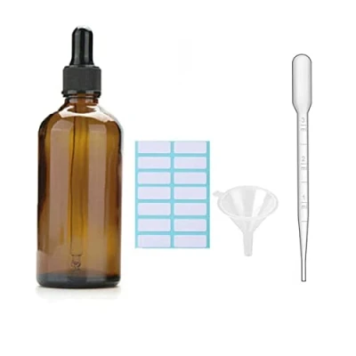 Image de 1 flacon compte gouttes en verre ambré avec bouchons noirs, pipette mesurée, entonnoir et étiquettes ; flacons de 100 ml pour d&#039;huile essentielle rechargeable