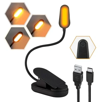 Image de Lampe de lecture Ambre pour livres au lit 3 modes d&#039;éclairage à clipser avec batterie rechargeable et port USB C Lumière ambrée saine les yeux Ne dérange pas autres