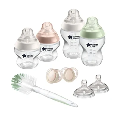Image de Tommee Tippee Biberon Kit Naissance Closer to Nature, 2 Tétines Imitant le Sein Maternel avec Valve Anti Colique, Biberons 2x260ml 2x150ml,2 Sucettes, 1 Goupillon (La couleur et design varient)