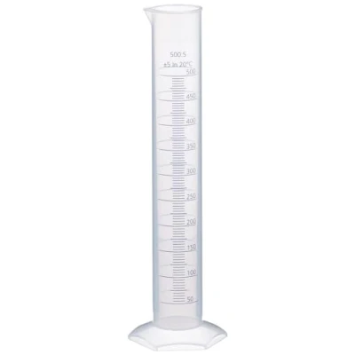 Image de Éprouvette graduée en polypropylène, forme haute, pied hexagonal, transparent, hauteur 360 mm, capacité 500 ml