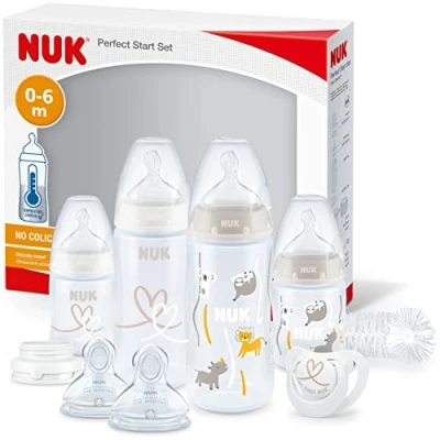 Image de NUK ensemble de biberons First Choice+ Perfect Start, goupillon et sucette Genius 0 6 mois tétines en silicone contrôle la température sans BPA transparent [garçon/fille] 10 unités
