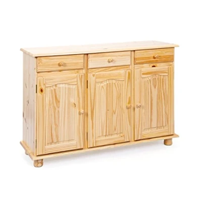 Image de Inter Link Commode de Style rustique buffet Meuble d&#039;appoint Pin massif 3 portes tiroirs Naturel laqué Abaco
