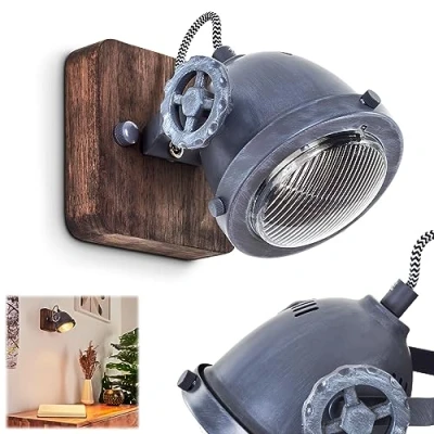 Image de Applique murale Herford en bois, métal gris et verre, spot orientable rétro industriel idéal dans un salon vintage, pour 1 ampoule GU10, ampoule(s) non incluse(s)