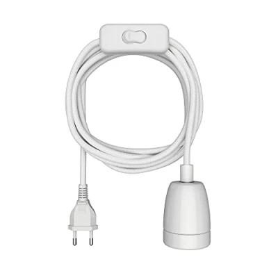Image de ledscom.de câble textile LEHA II, fiche, interrupteur, blanc, 3 m, douille en porcelaine, 1x E27 max. 300W, Led, Diy, de lampe, E27, textile, lampe à suspension, fiche