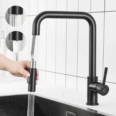 Image de CECIPA robinet de cuisine , Mitigeur avec Extensible, d&#039;évier noir, 2 fonctions jet, rotatif à 360