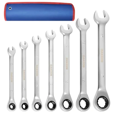 Image de DAKCOS Clé plate à cliquet 7pc Cle 6 17 mm Métrique, Jeu de clés mixtes a 72 Dents 5 avec pochette rangement pour Réparation Bricolage