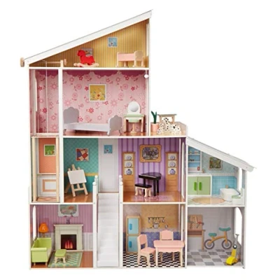 Image de Amazon Basics Maison de poupée en bois 4 étages avec meubles pour poupées 30.48 cm