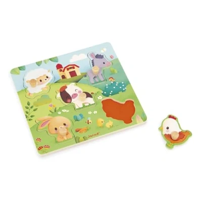 Image de Janod Puzzle Tactile en Bois 5 Pièces Thème Ferme à Encastrement avec Textures Jeu d&#039;Eveil Educatif Toucher, Motricité Fine et Concentration Dès 18 Mois, J07129