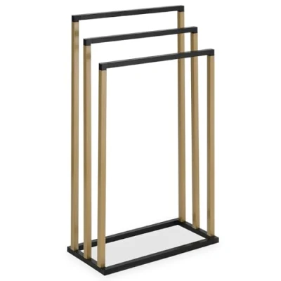 Image de IDIMEX Porte Serviettes sur Pied KUNO Portant pour vêtements et Linge de Salle Bain avec 3 Niveaux d&#039;étendage différentes hauteurs, Structure en métal laqué Noir doré