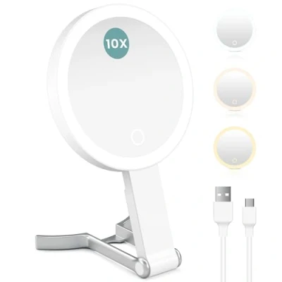 Image de Coovee Miroir Grossissant Lumineux, Double Face 10x/1x Maquillage avec Lumières éclairag, 3 Couleurs, Pliable, à Main, Suspendre, de Table, sur Pied, Coiffeuse Voyage