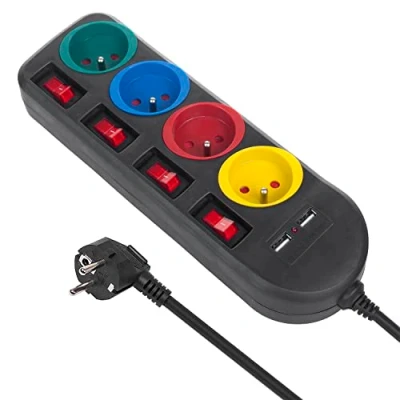 Image de Maclean MCE229 B Bloc multiprises rallonge 4 Prises + 2xUSB avec interrupteurs 250VAC/10A, 2,1A 5V 1,5m Noir