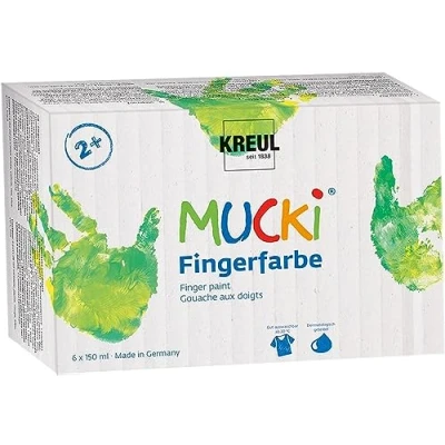 Image de KREUL 2316 Mucki Set de 6 pots Peinture au doigt 150 ml végane sans parabène, gluten ni lactose Lavable et applicable pinceau Couleurs lumineuses