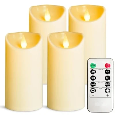 Image de YIWER Lot de 4 bougies LED sans flamme à piles avec minuteur distance, ne fondent pas, en plastique ivoire D 3,15 x H 6 cm pour fête, Noël, Saint Valentin