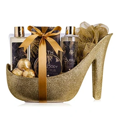 Image de ensemble cadeau de bain luxe accentra dans belles pompes à paillettes dorées, beauté 9 pièces douche pour une expérience SPA détendue