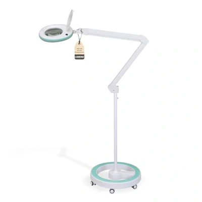 Image de Lumeno LED lampe loupe 7213GN avec lentille en verre de 127 mm, travail, convient pour cosmétique, les bricoleurs, aide à la lecture grossissante, 3 dioptries Vert trépied roulant