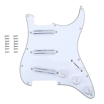 Image de Musiclily 11 Trous SSS Loaded Pickguard avec Micros Dual Hot Rail High Output Set pour Guitare électrique Fender Squier Strat, 3 plis Blanc
