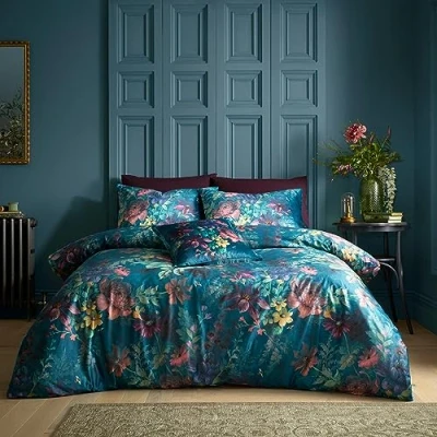 Image de Catherine Lansfield Bridgerton Parure de lit Simple en Velours avec Housse Couette et taie d&#039;oreiller Motif Floral Bleu Sarcelle