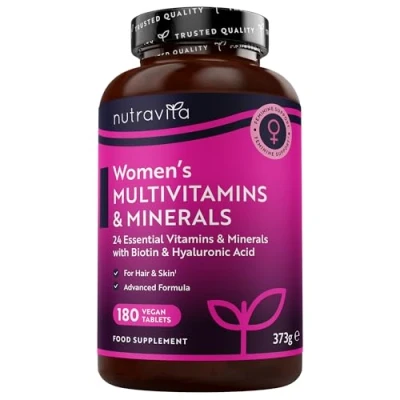 Image de Multivitamines et minéraux pour femmes 24 vitamines actifs essentiels, y compris la biotine l&#039;acide hyaluronique 180 comprimés végans Fabriqué par Nutravita