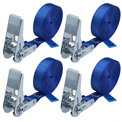 Image de sangle à cliquet d&#039;arrimage 4 pièces de fixation m ou 6 bleu, largeur 25 mm charge maximale 800 kg DIN EN 12195 2, 2.5 cm x