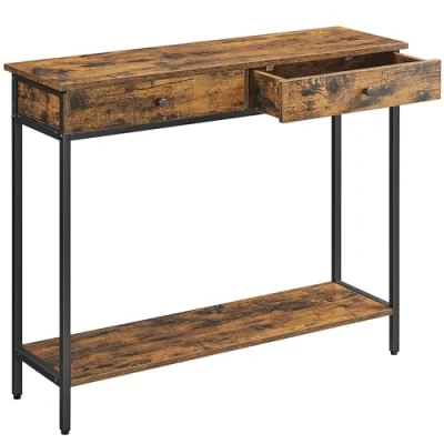 Image de VASAGLE Table Console, d&#039;Entrée, Bout de Canapé, avec 2 Tiroirs, Cadre en Acier, pour Entrée, Chambre, Salon, Style Industriel, Marron Rustique et Noir d&#039;encre LNT015B01