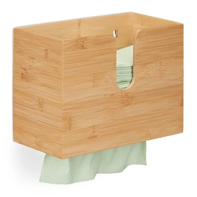 Image de Relaxdays Distributeur de Serviettes en Papier Taille H2, Bambou, Montage Mural, H x L P : 20 27 13 cm, Nature