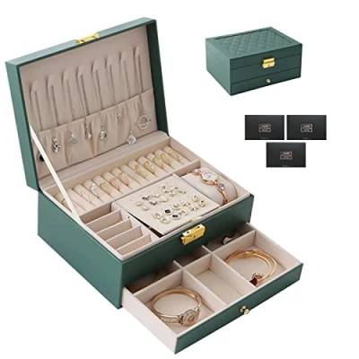 Image de TAVADA Boîte à Bijoux,2 Niveaux Rangement Bijoux Voyage Fille en Cuir PU,Organisateur Bijoux,pour Bagues,Colliers,Serrure et Clé,Comprend un chiffon de polissage argent,Vert Foncé