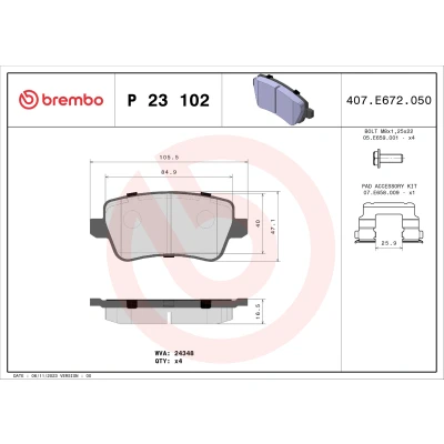Image de BREMBO P 23 102 Jeu de plaquettes frein contact signal d&#039;usure exclu avec vis d&#039;étrier sans accessoires FIAT: Croma II Break