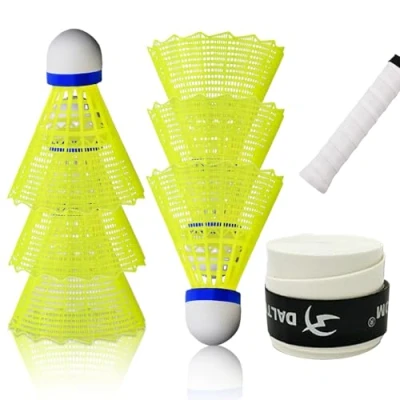 Image de KUBDPQOR Badminton, 6 Balles Volant Badminton Jaune Avec Sangle Antidérapante, Set Complet Adapté à Tous Raquette pour l&#039;extérieur et l&#039;intérieur