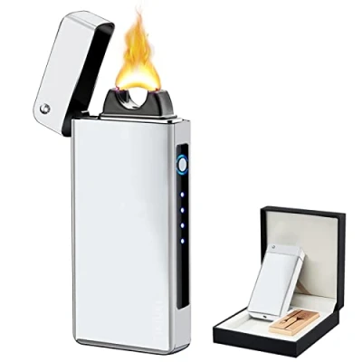 Image de TIKIUKI Briquet électrique USB Rechargeable à Arc Plasma Tempête Portable pour Homme avec Indicateur De Batterie Utilisé Bougies (Argent)