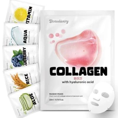 Image de BEAULIVERY Masque Visage Set de 6 variétés avec Acide Hyaluronique Pièces, Soin Coréen