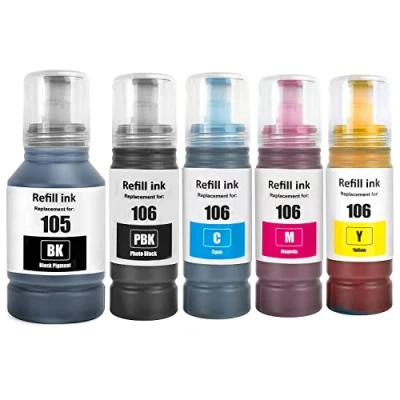 Image de SHUOLEI 105 106 Encre Compatible avec Epson Bouteille d&#039;encre Multipack pour EP L 7160 7180 ET 7700 7750 (5 Pack, Noir/Noir Photo/Cyan/Magenta/Jaune)
