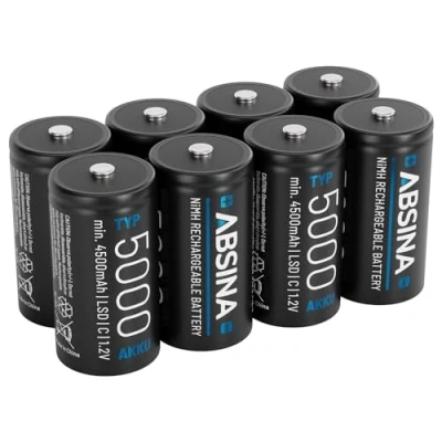 Image de ABSINA 8X Pile Type C Rechargeable 5000 à Faible Auto Décharge LR14 NiMH avec 1,2V &amp; au Minimum 4500mAh Piles Rechargeables C, LR14, Rechargeable, Baby