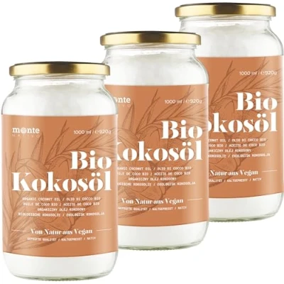 Image de Huile de Coco Bio Extra Vierge MonteNativo 1000ml (1Liter) Noix Biologique et non Raffinée, Pure 100% Idéale Pour Les Cheveux, Le Corps Comme Aliment (3x1000ml)