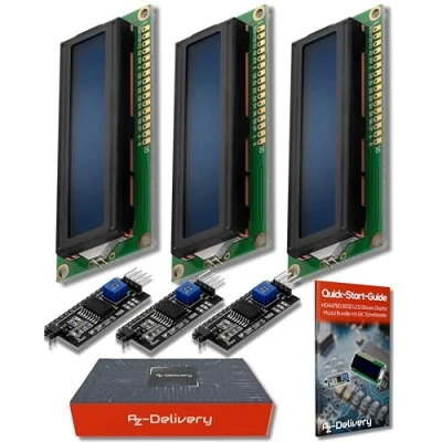 Image de AZDelivery 3 x Module d&#039;Affichage Bleu LCD HD44780 16x2 avec Interface I2C 2x16 Caractères de Couleur Blanche Compatible Arduino et Raspberry Pi incluant Un E Book!