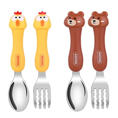 Image de Vicloon Couverts Enfants,4pcs Fourchette et Cuillère Enfant Ensemble en Acier Inoxydable pour Bébé Maison l&#039;école Utilisation (Ours Brun + Poussin Jaune)