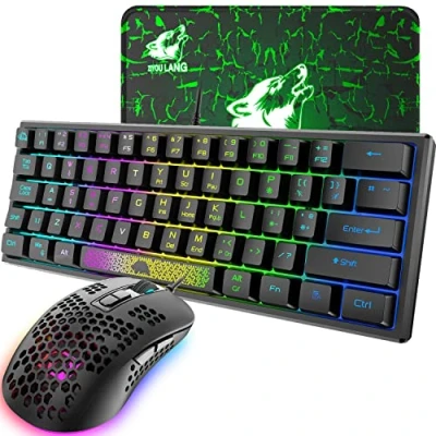 Image de UK Layout RGB 60% Gaming Keyboard Mouse Set Filaire 62 touches Mini clavier portable 7 LED rétroéclairé 19 Anti ghosting + 2400 DPI Ultralight Honeycomb Shell +Mouse Pad