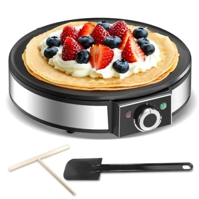 Image de crêpière électrique, 1200w sans colle pour la maison, contrôle de température, acier inoxydable facile à nettoyer et comprend un diviseur pâte une spatule