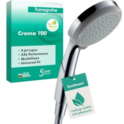 Image de hansgrohe Croma 100 Pommeau de douche économie d&#039;eau avec 9 l/min (EcoSmart), Douchette à main 4 types jet, ronde (diamètre mm), Chromé, 28537000