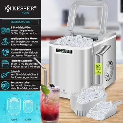 Image de KESSER® Machine à glaçons acier inoxydable glace 12 kg 24 h Préparation en 7 min Réservoir d&#039;eau de 2,2 litres 2 tailles Écran LED